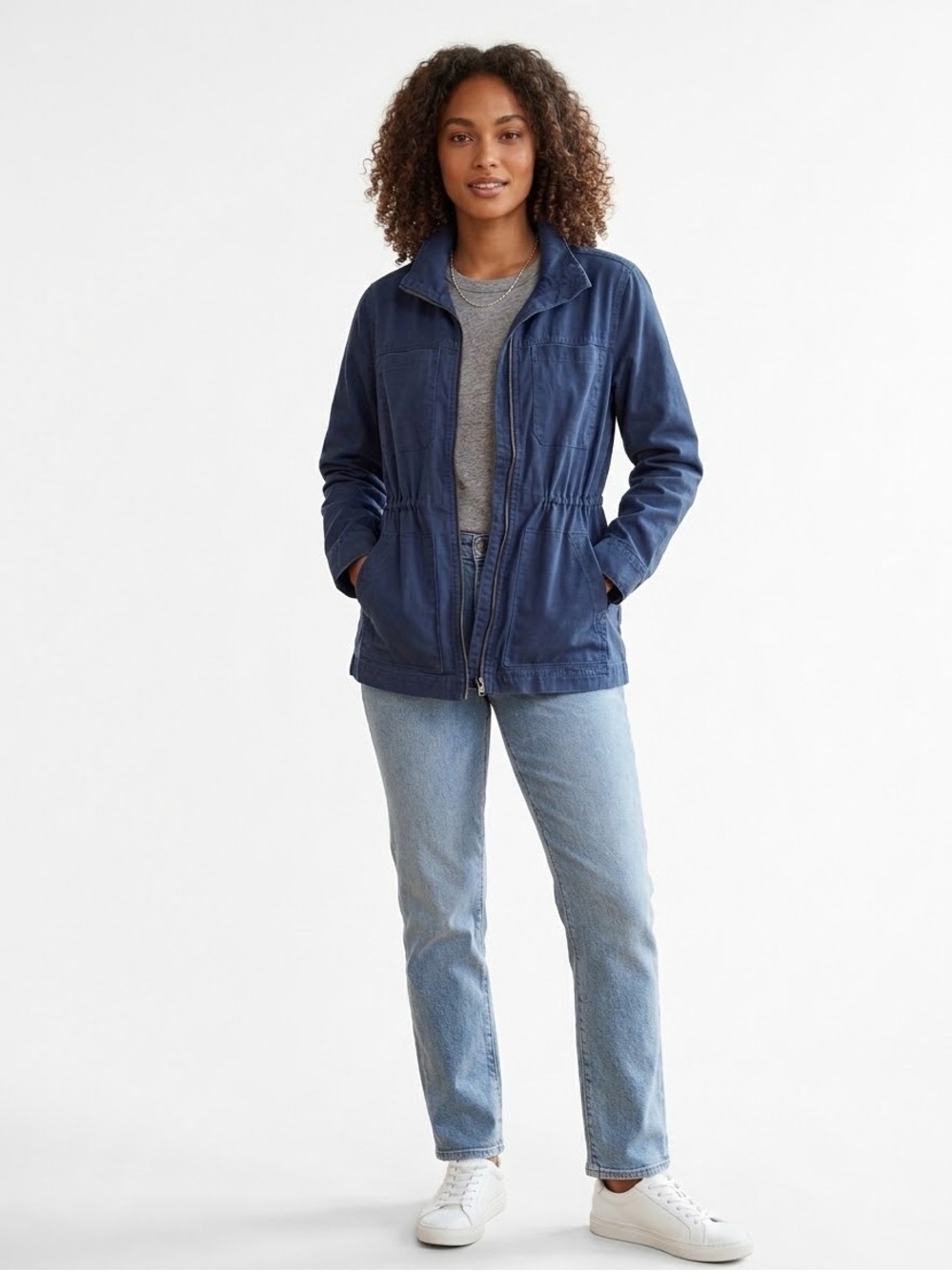 GAP Womens M Navy Blue Utility Field Jacket Full Zip Drawstring Waist Cotton